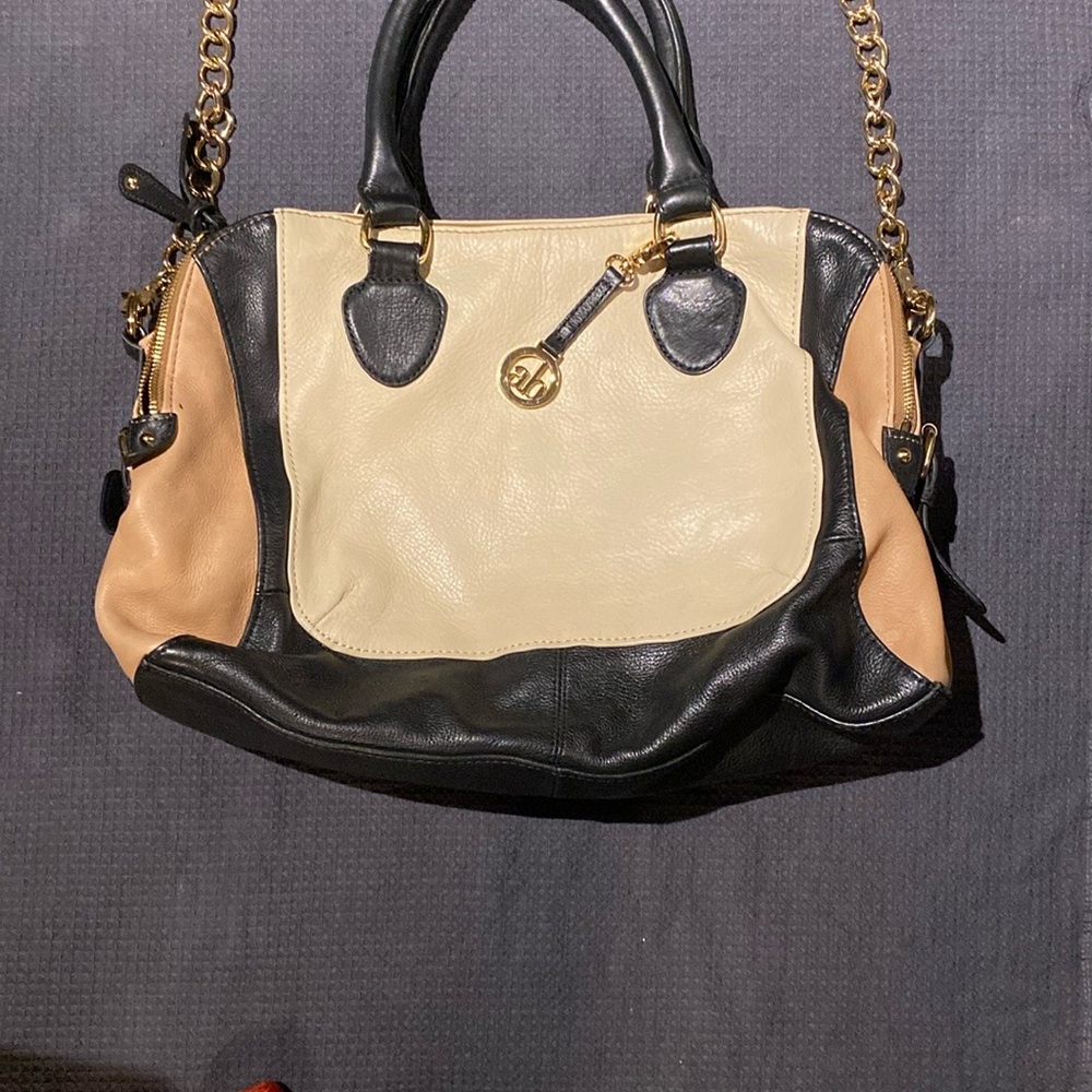Audrey Brooke Black and Tan Shoulder Bag with Gold Accents